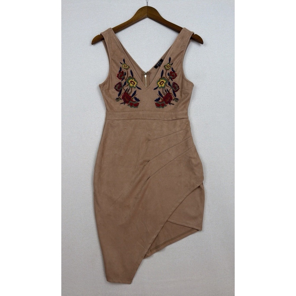 Privy Faux Suede Floral Brown Embroidered‎ Tulip Hem Dress M Coachella Bodycon